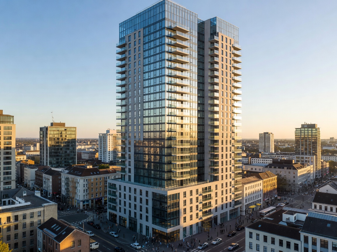 Urban city break hotel towering over busy streets