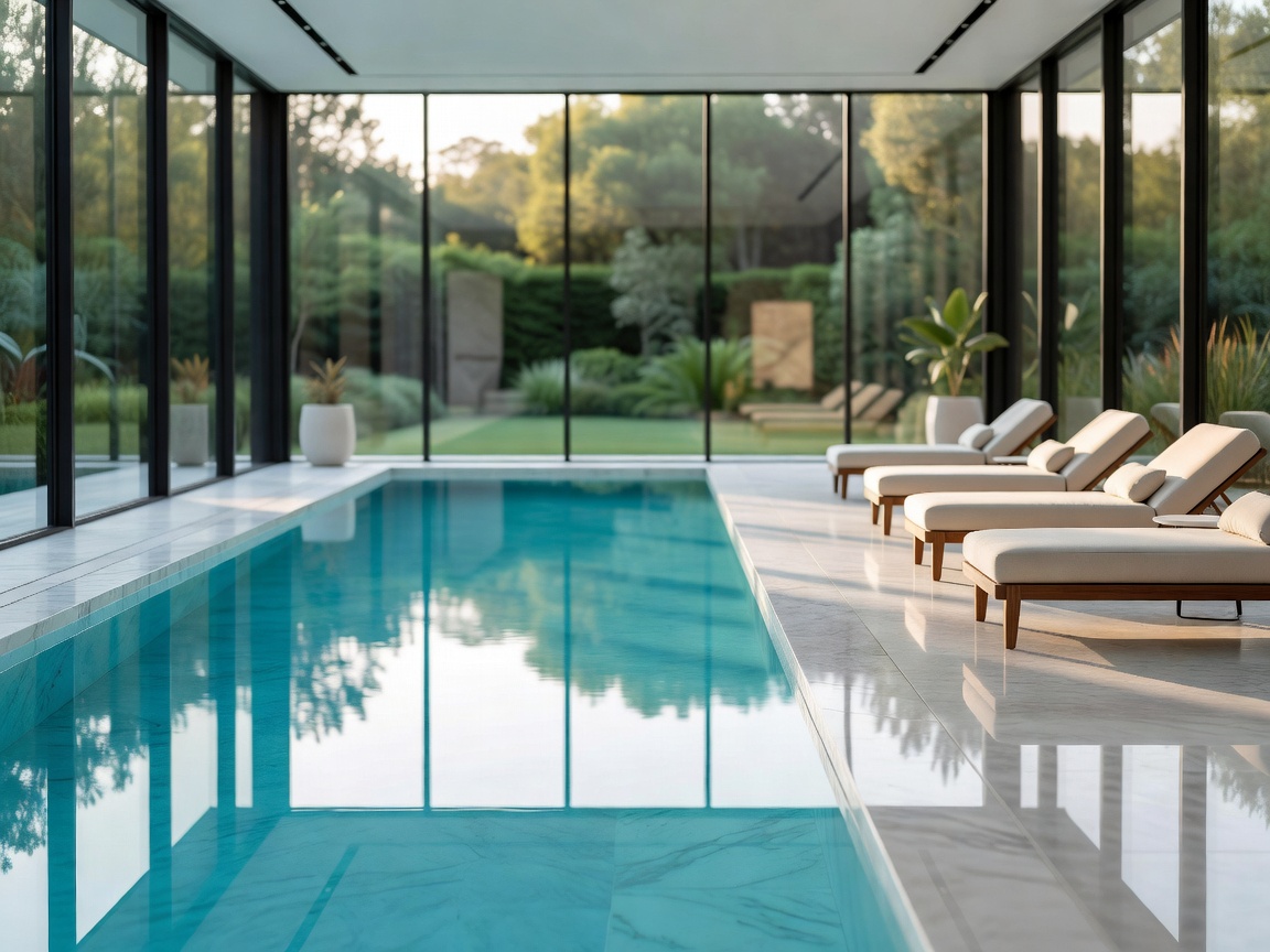 Elegant indoor pool area with large glass windows