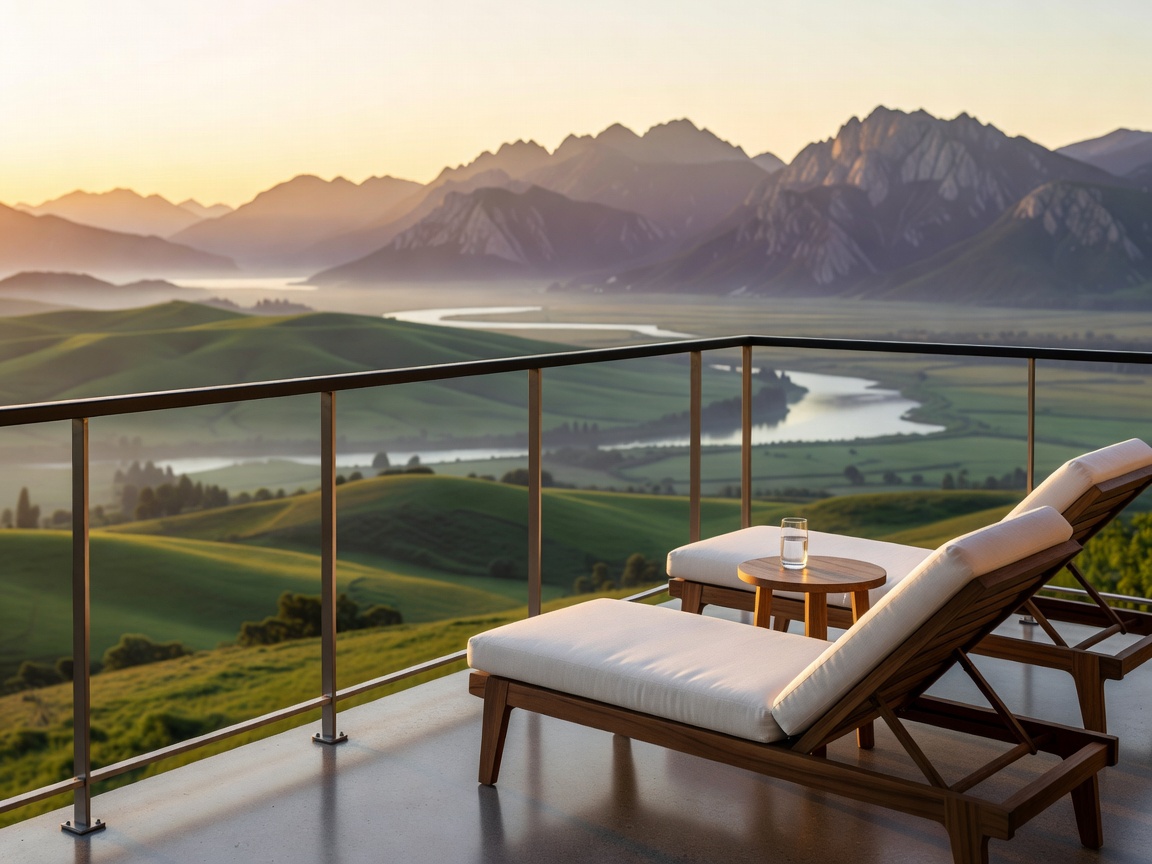 Hotel room balcony overlooking a scenic landscape