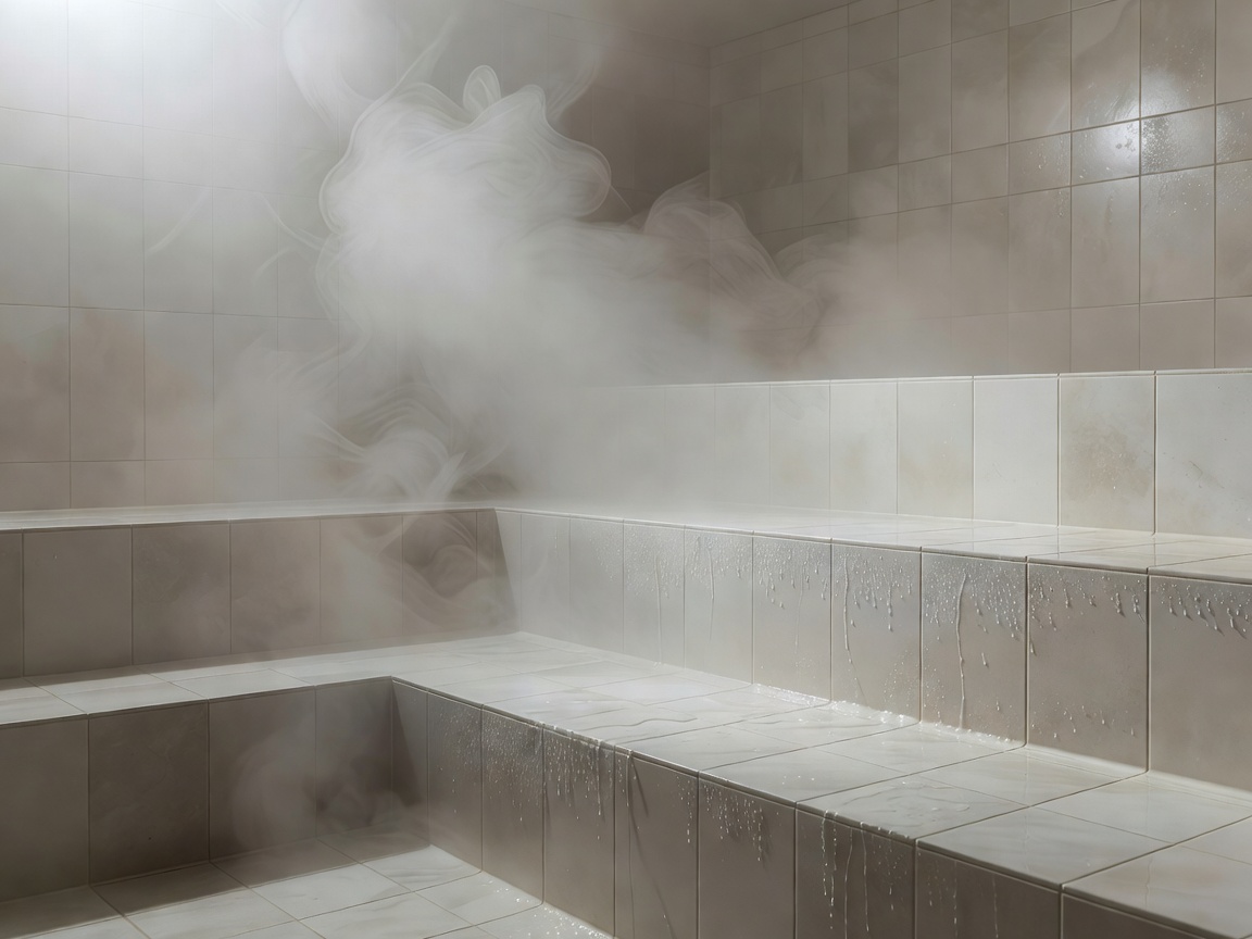 Mist-filled steam room with tiled seating