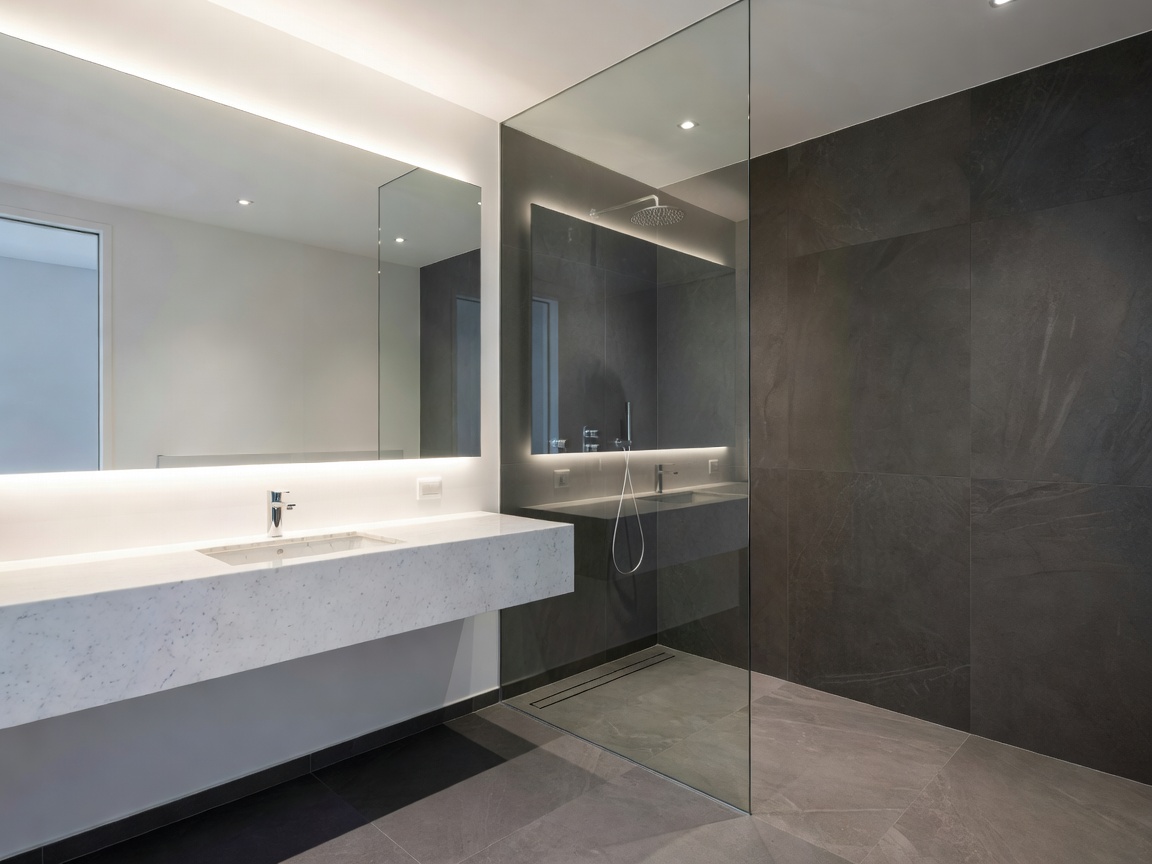 Modern hotel bathroom with large mirror and walk-in shower