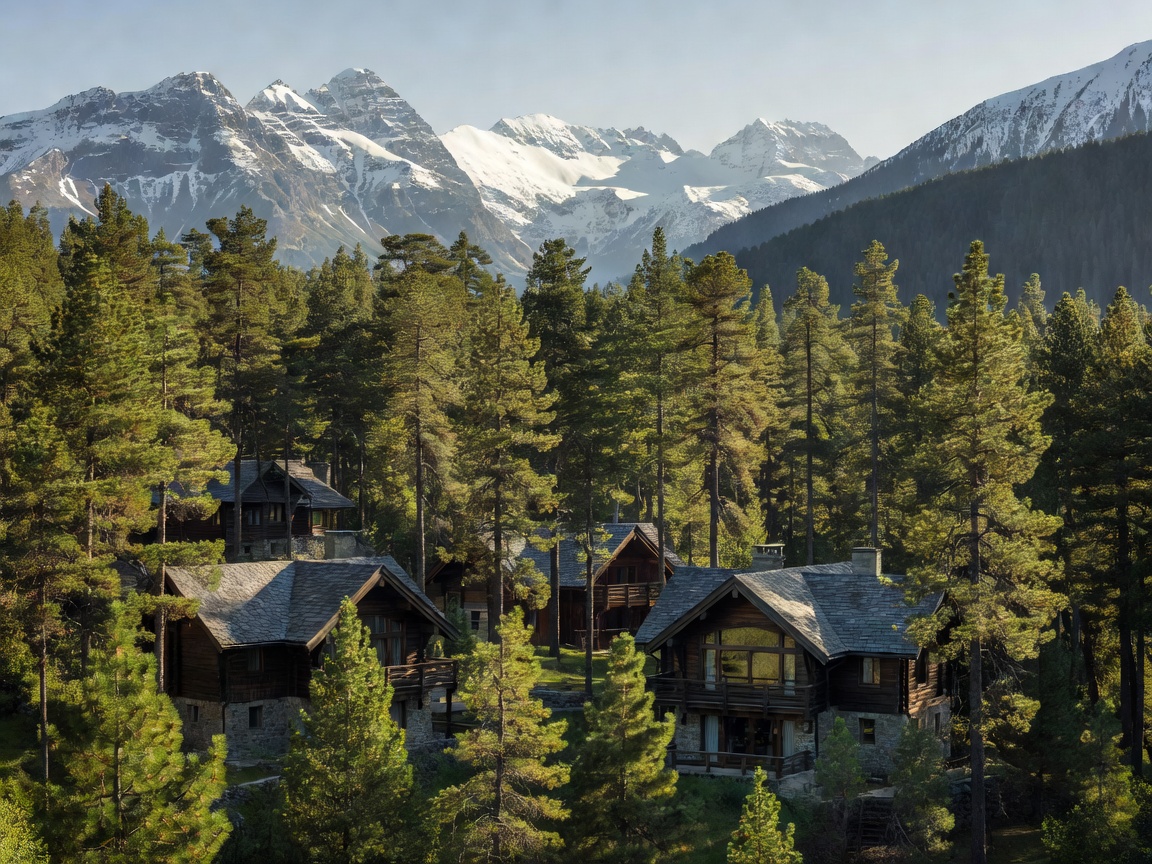 Mountain Resort surrounded by pine trees and peaks