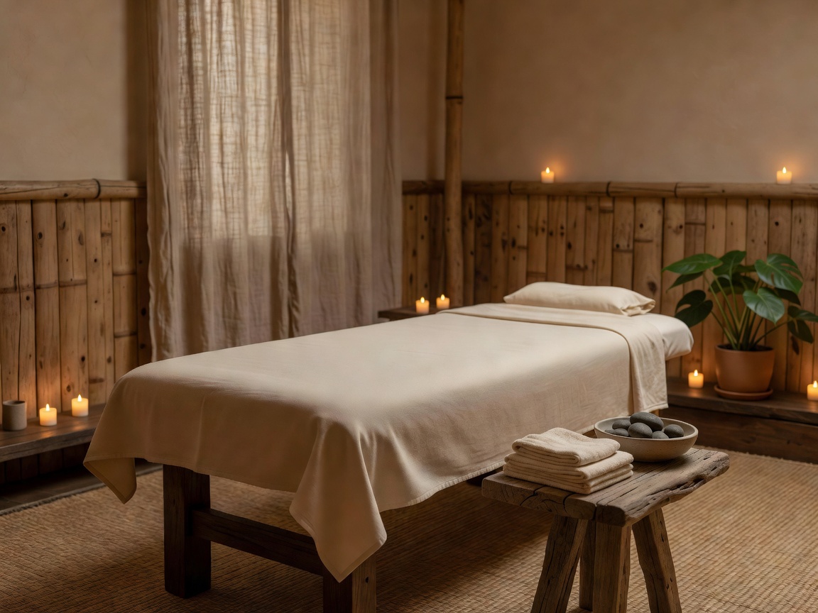 Peaceful massage space with low lighting and natural textures