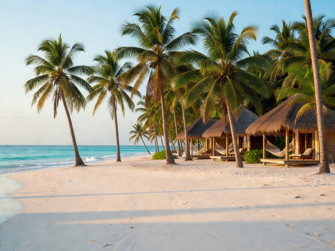 Tropical Beach Resort with palm trees and white sand