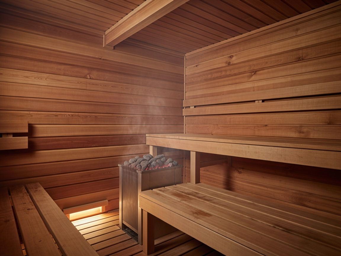 Wooden sauna interior with warm lighting